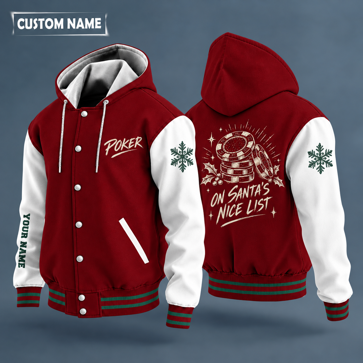 Hooded letterman jacket with white sleeves, snowflake and poker chips on the back, "POKER" lettering and a custom name down one sleeve