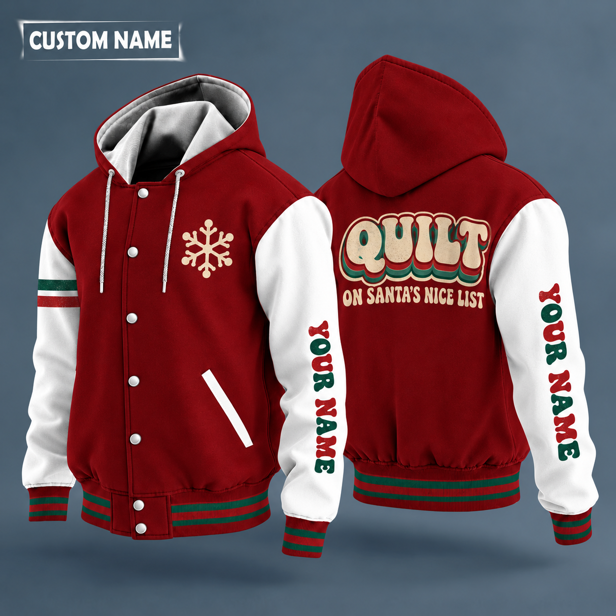 Hooded letterman jacket with white sleeves, snowflake and spool of thread on the back, "QUILT" lettering and a custom name down one sleeve in a retro font