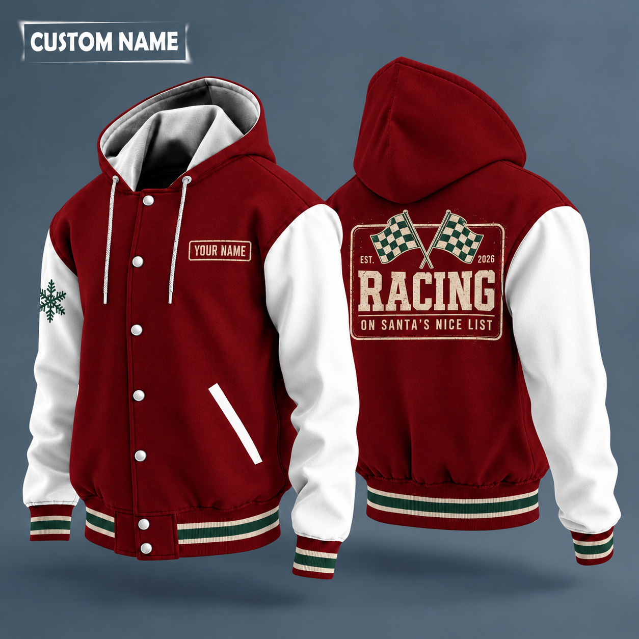 Hooded letterman jacket with white sleeves, snowflake and checkered flags on the back, "RACING" lettering and a custom name on a work-shirt style name tag print on the chest