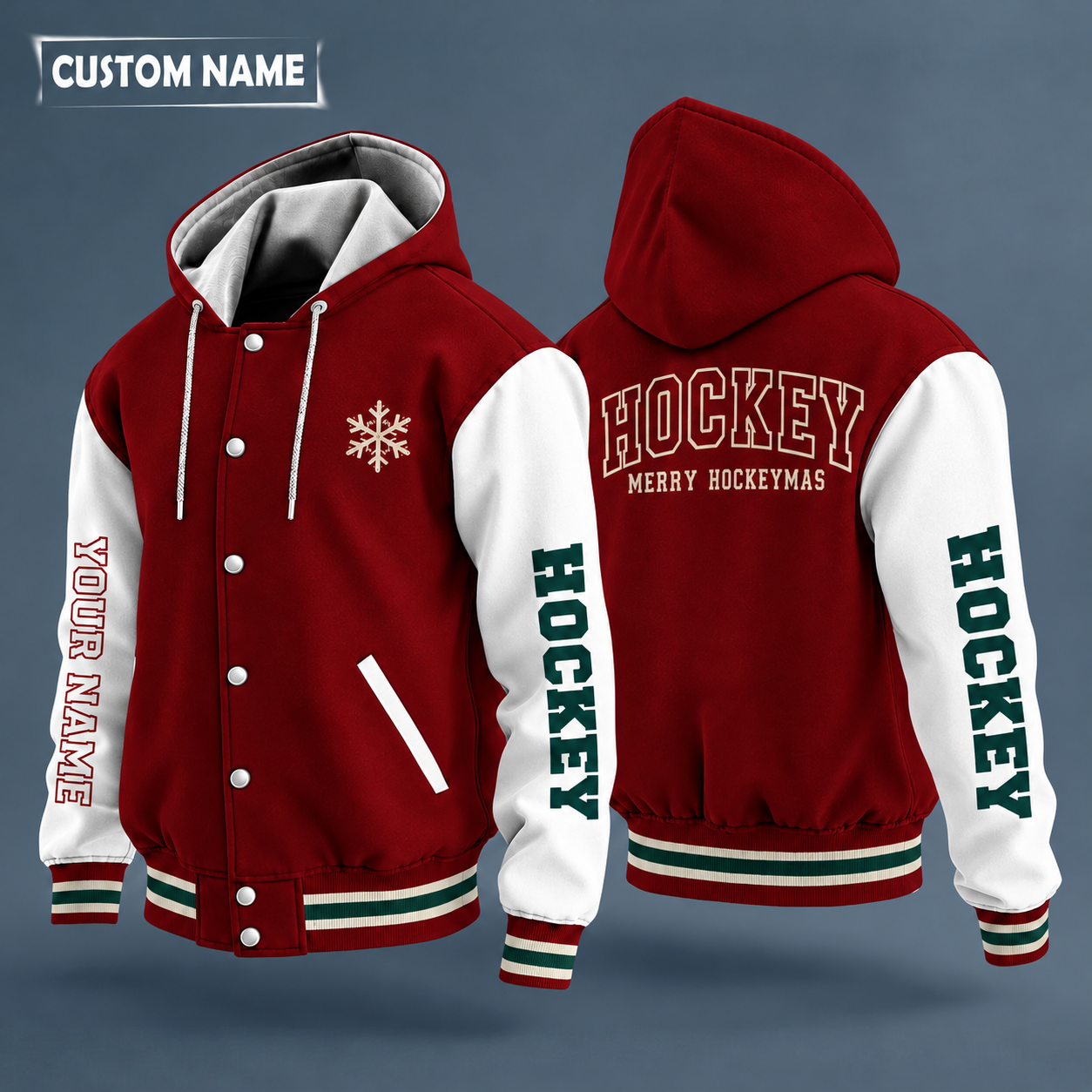 Hooded letterman jacket with white sleeves, snowflake and puck and crossed hockey sticks with curved blades on the back, "HOCKEY" lettering and a custom name down one sleeve in outlined capitals