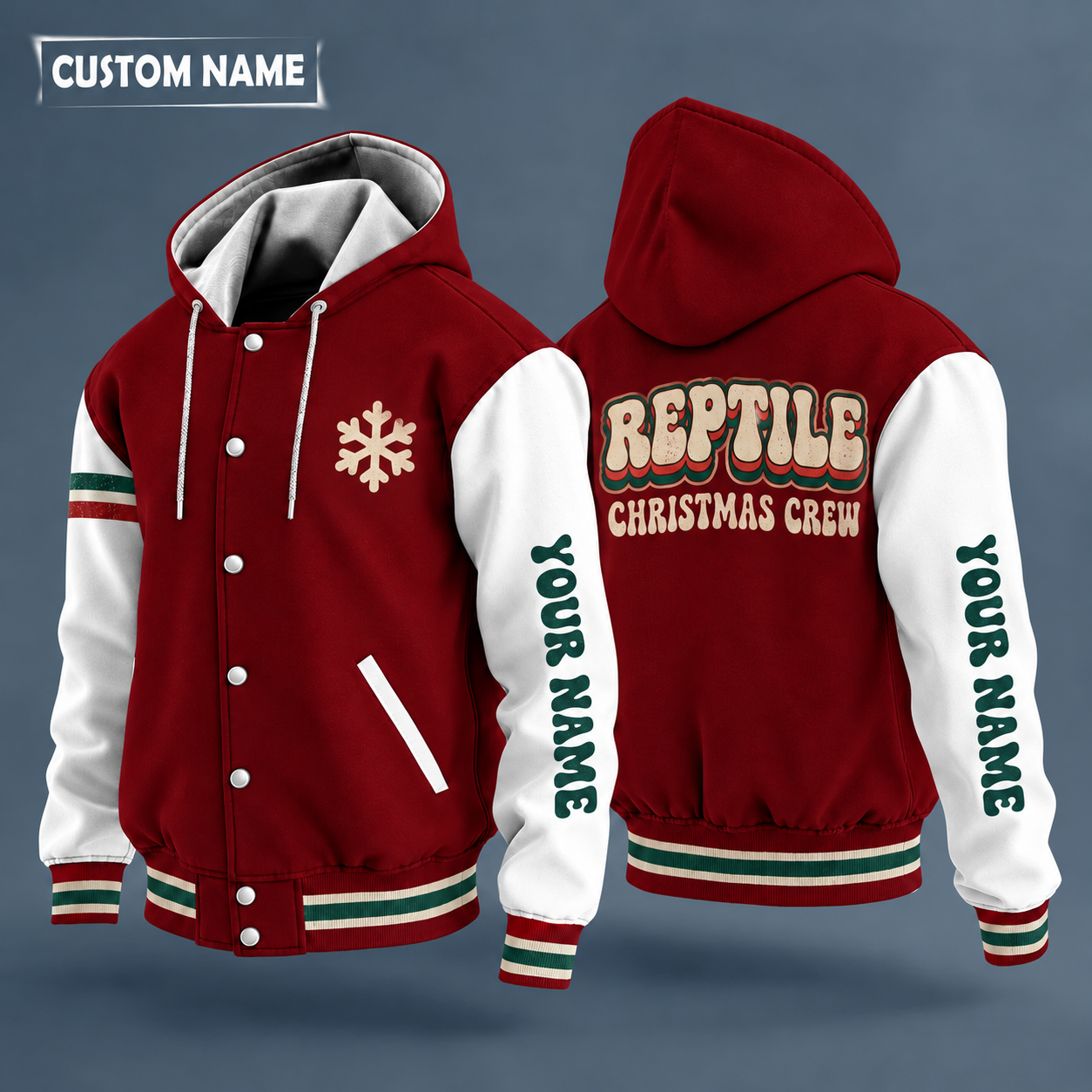 Hooded letterman jacket with white sleeves, snowflake and bearded dragon on the back, "REPTILE" lettering and a custom name down one sleeve in a retro font