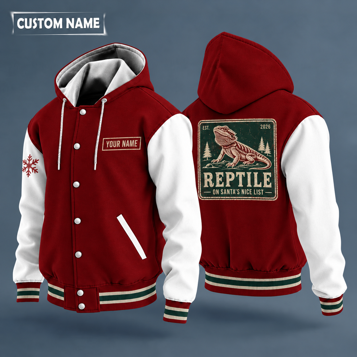 Hooded letterman jacket with white sleeves, snowflake and bearded dragon on the back, "REPTILE" lettering and a custom name on a work-shirt style name tag print on the chest