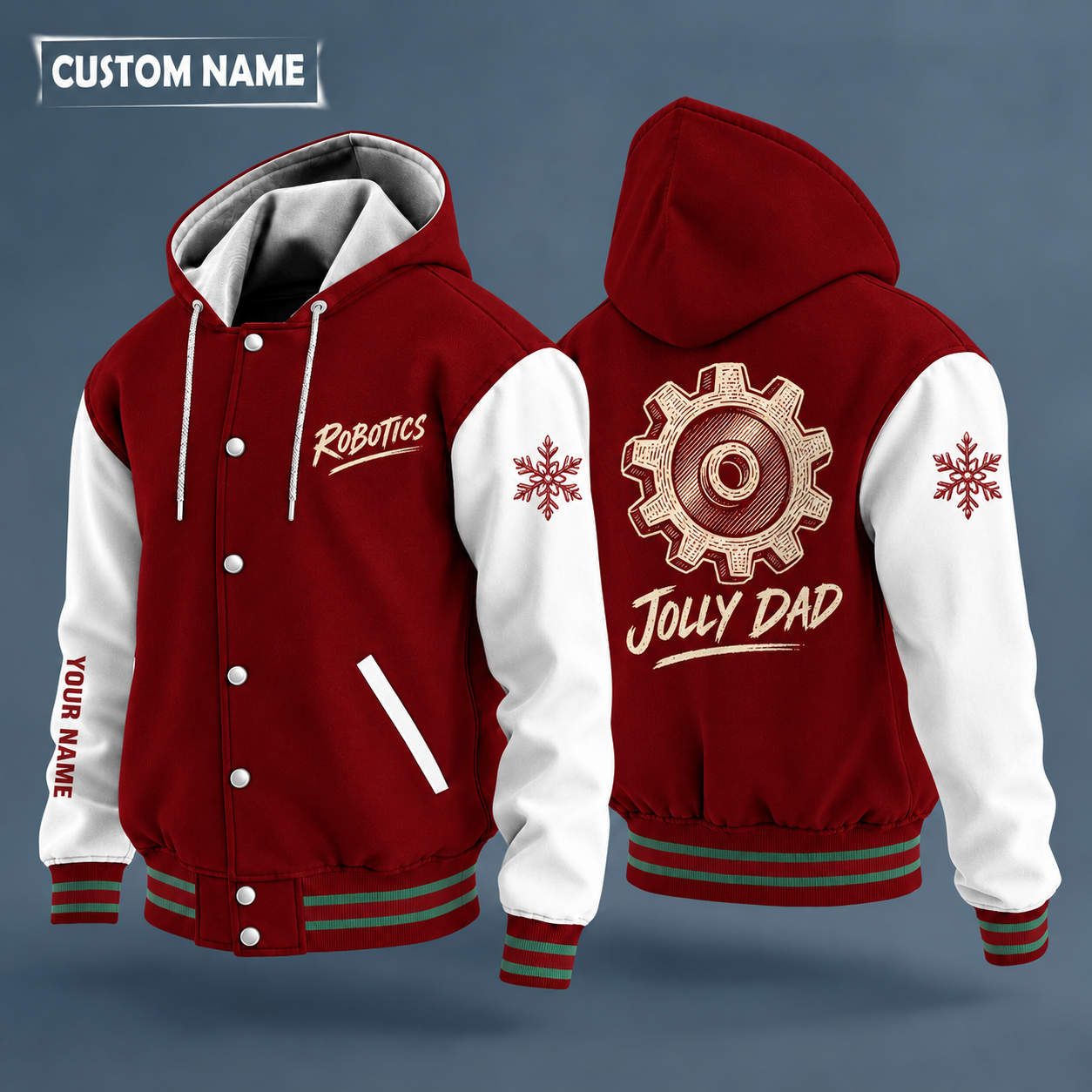 Hooded letterman jacket with white sleeves, snowflake and gear on the back, "ROBOTICS" lettering and a custom name down one sleeve
