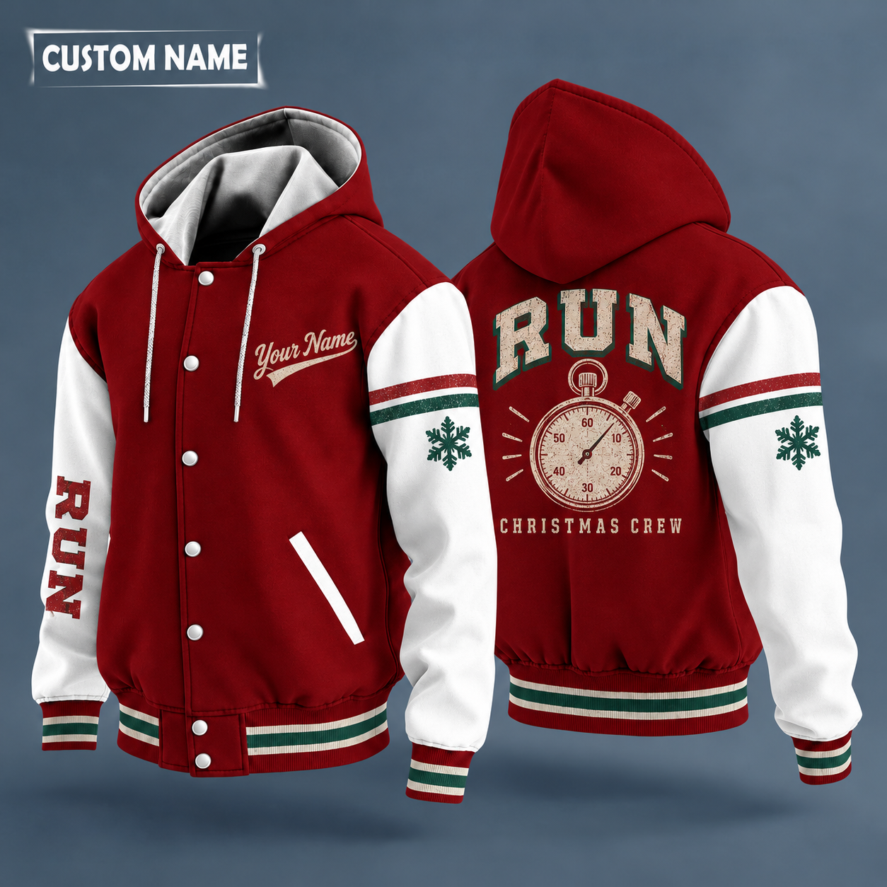 Hooded letterman jacket with white sleeves, snowflake and stopwatch on the back, "RUN" lettering and a custom name in script on the chest