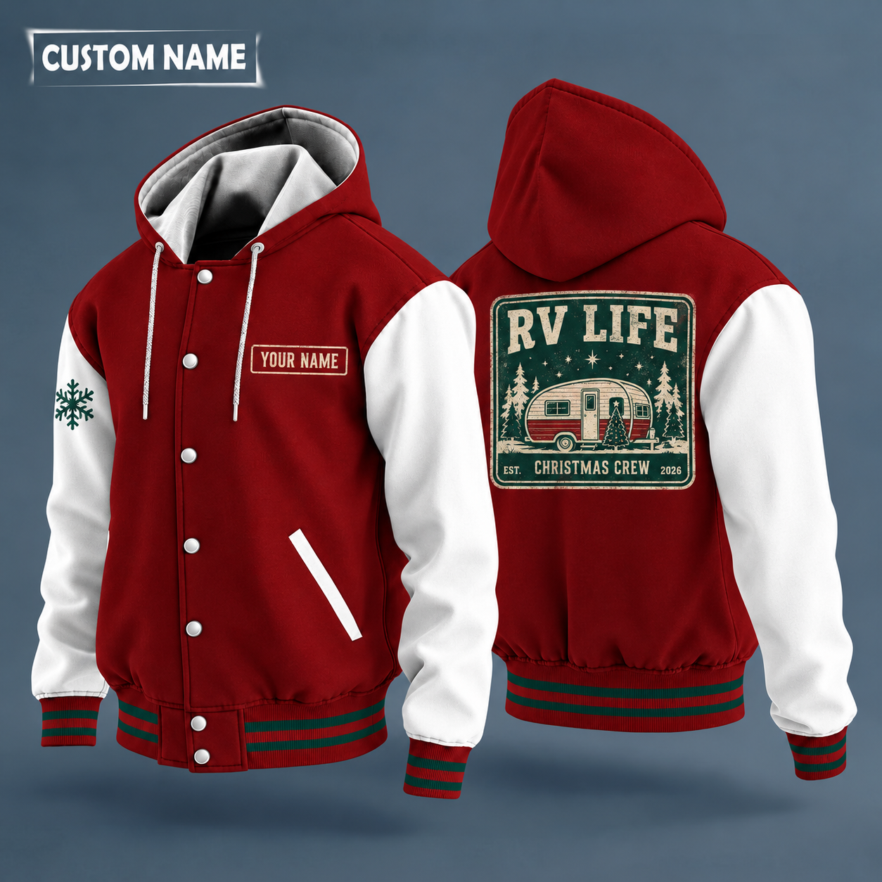 Hooded letterman jacket with white sleeves, snowflake and vintage camper trailer on the back, "RV LIFE" lettering and a custom name on a work-shirt style name tag print on the chest