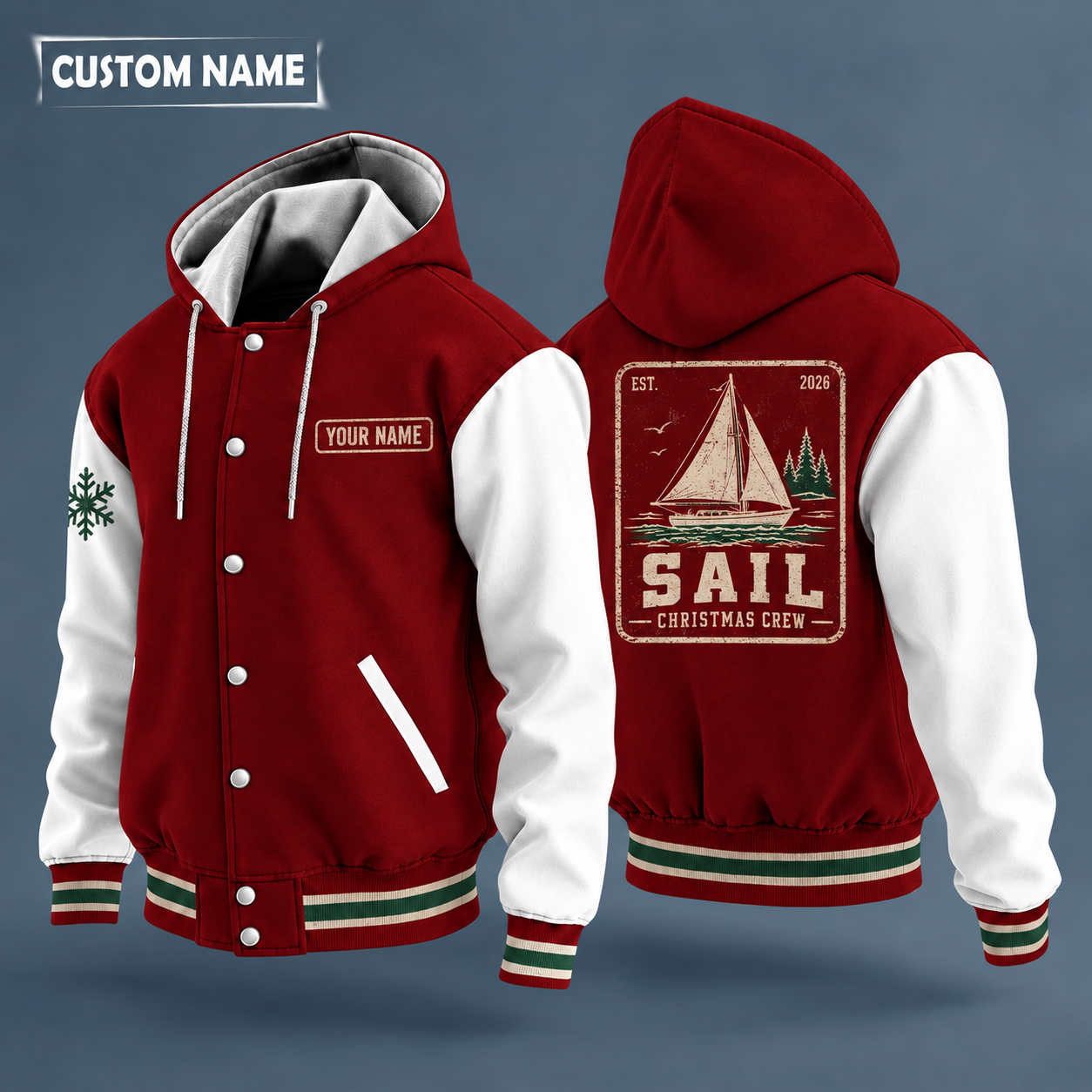 Hooded letterman jacket with white sleeves, snowflake and sailboat on the back, "SAIL" lettering and a custom name on a work-shirt style name tag print on the chest