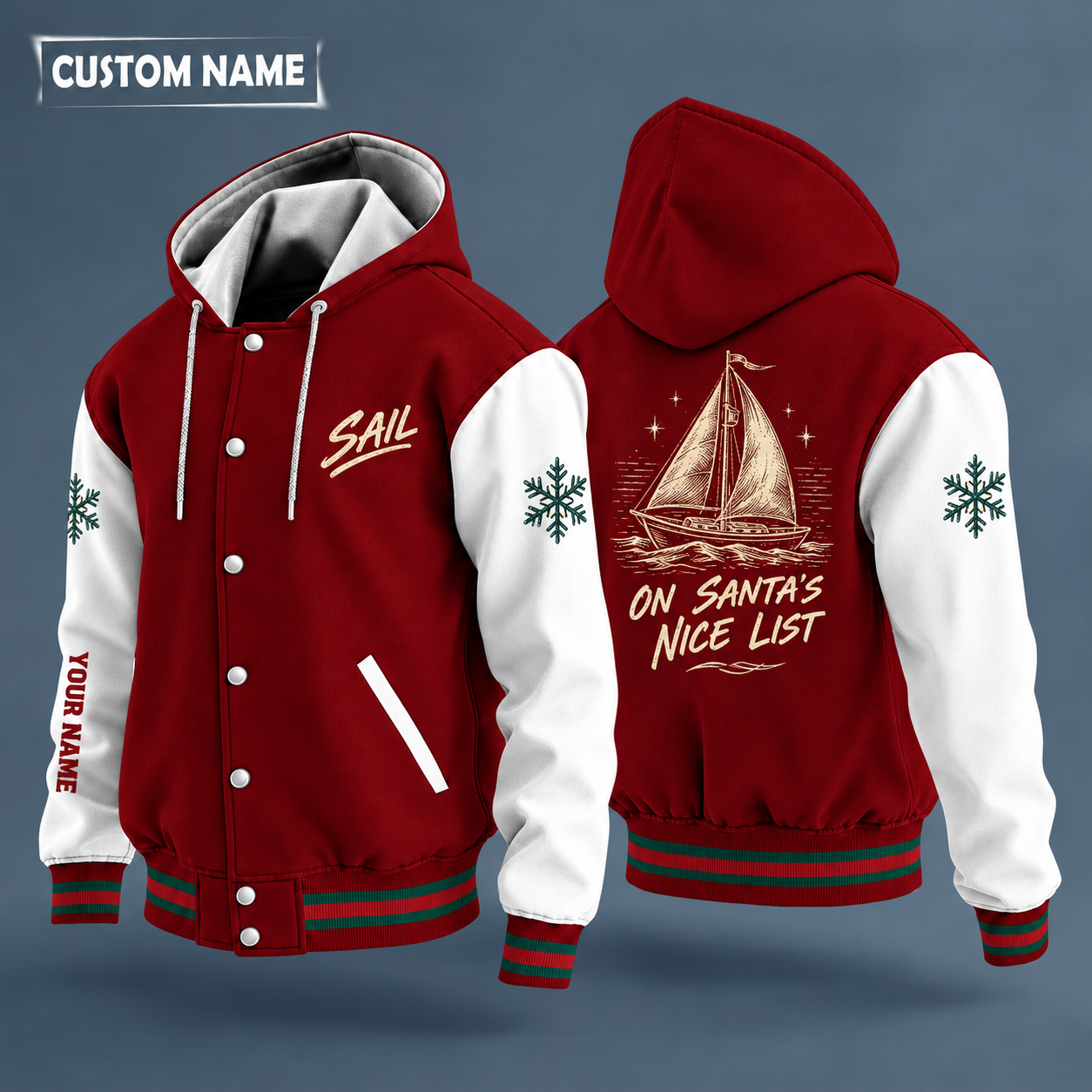 Hooded letterman jacket with white sleeves, snowflake and sailboat on the back, "SAIL" lettering and a custom name down one sleeve