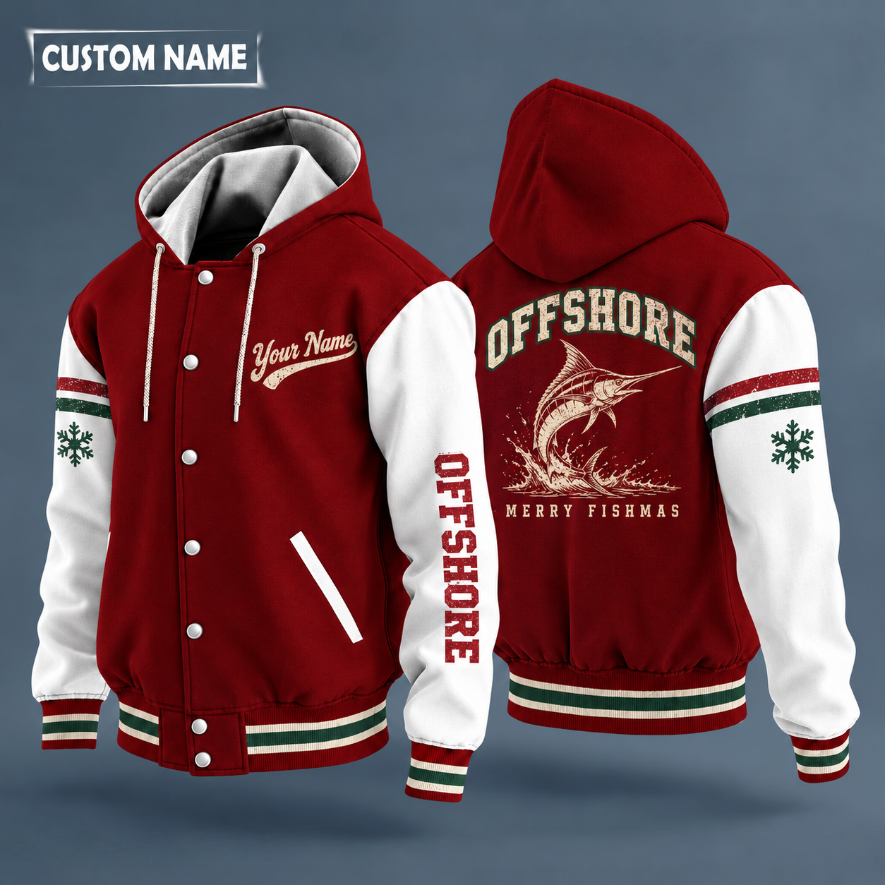 Hooded letterman jacket with white sleeves, snowflake and marlin on the back, "OFFSHORE" lettering and a custom name in script on the chest
