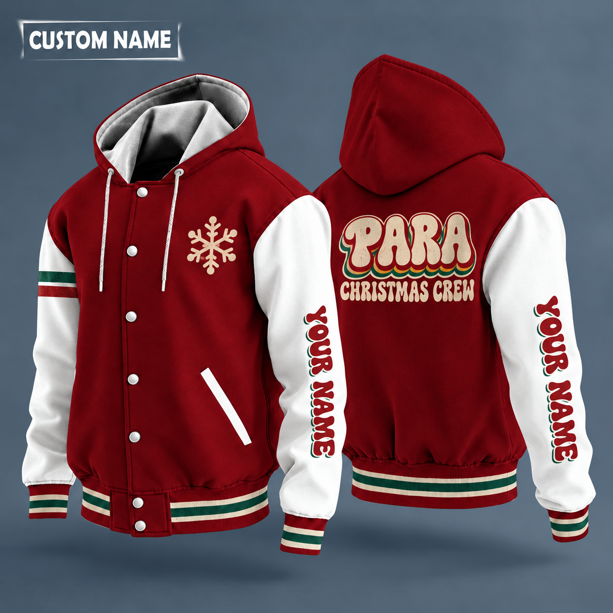 Hooded letterman jacket with white sleeves, snowflake and school bus on the back, "PARA" lettering and a custom name down one sleeve in a retro font