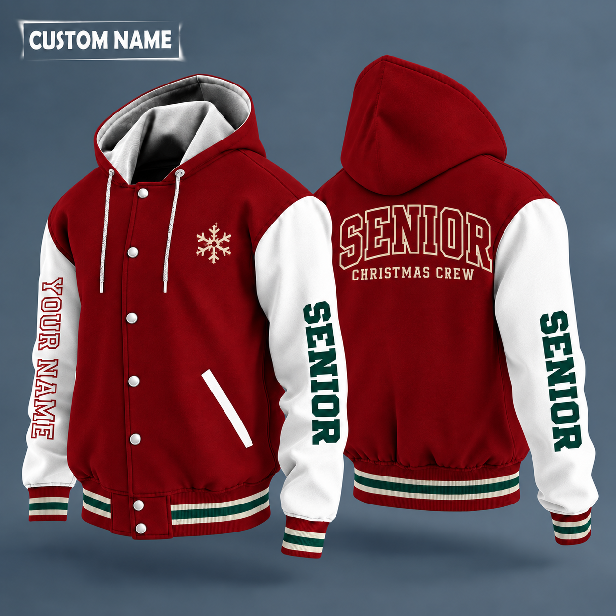 Hooded letterman jacket with white sleeves, snowflake and the numerals 2027 in varsity block on the back, "SENIOR" lettering and a custom name down one sleeve in outlined capitals