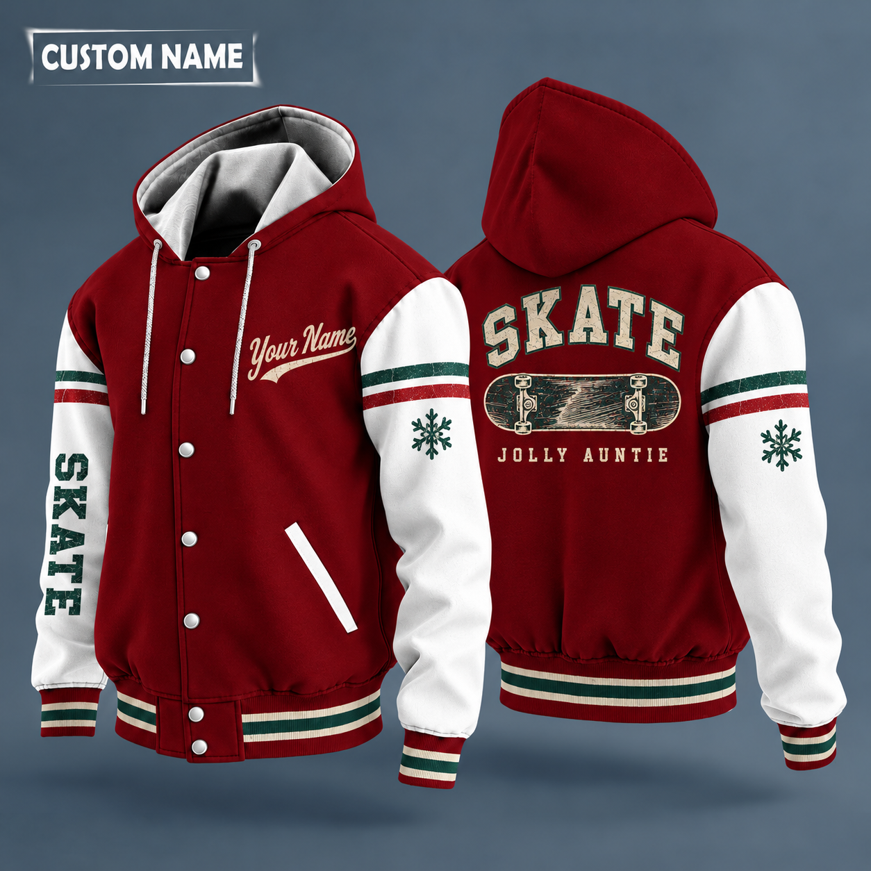 Hooded letterman jacket with white sleeves, snowflake and skateboard deck on the back, "SKATE" lettering and a custom name in script on the chest