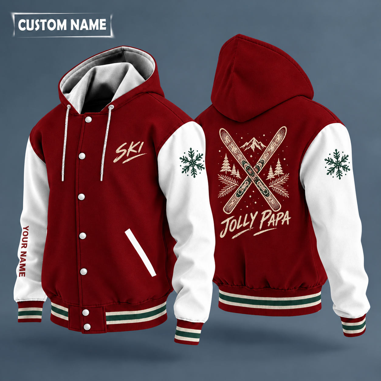 Hooded letterman jacket with white sleeves, snowflake and crossed skis on the back, "SKI" lettering and a custom name down one sleeve