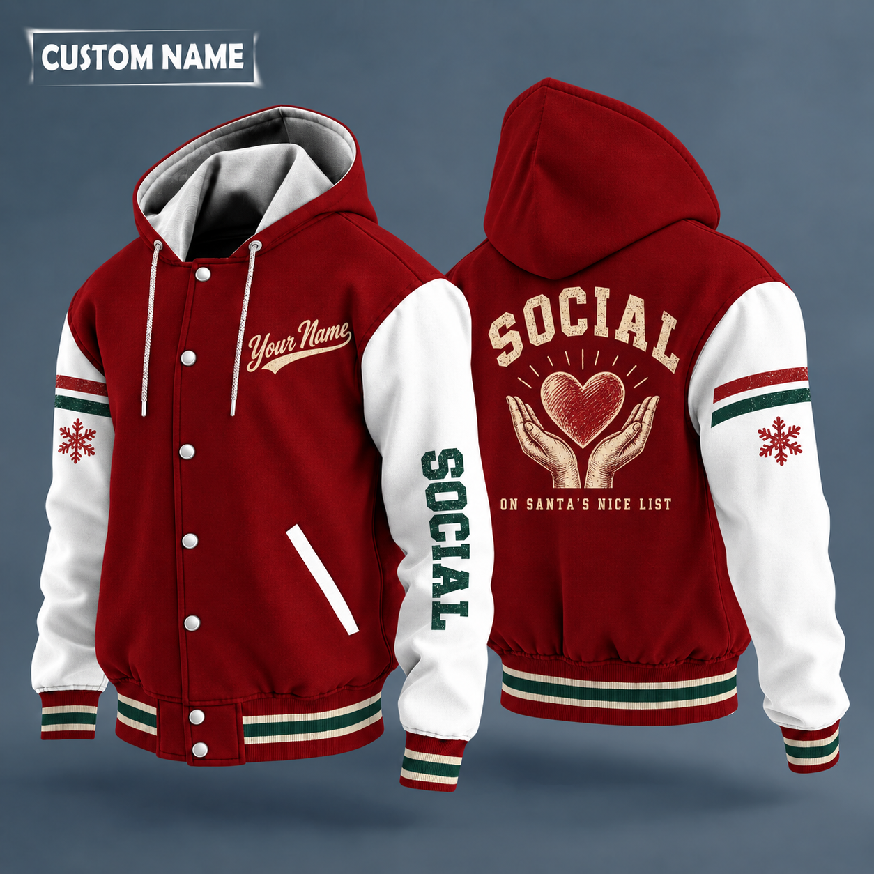 Hooded letterman jacket with white sleeves, snowflake and heart in hands on the back, "SOCIAL" lettering and a custom name in script on the chest