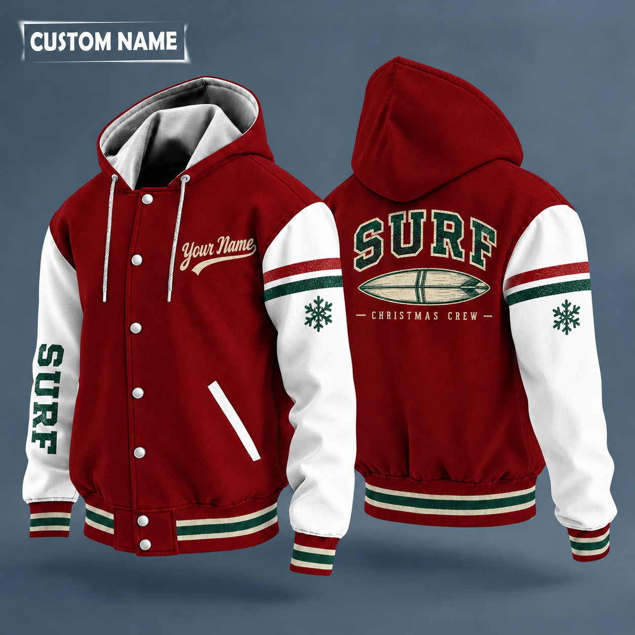 Hooded letterman jacket with white sleeves, snowflake and surfboard on the back, "SURF" lettering and a custom name in script on the chest