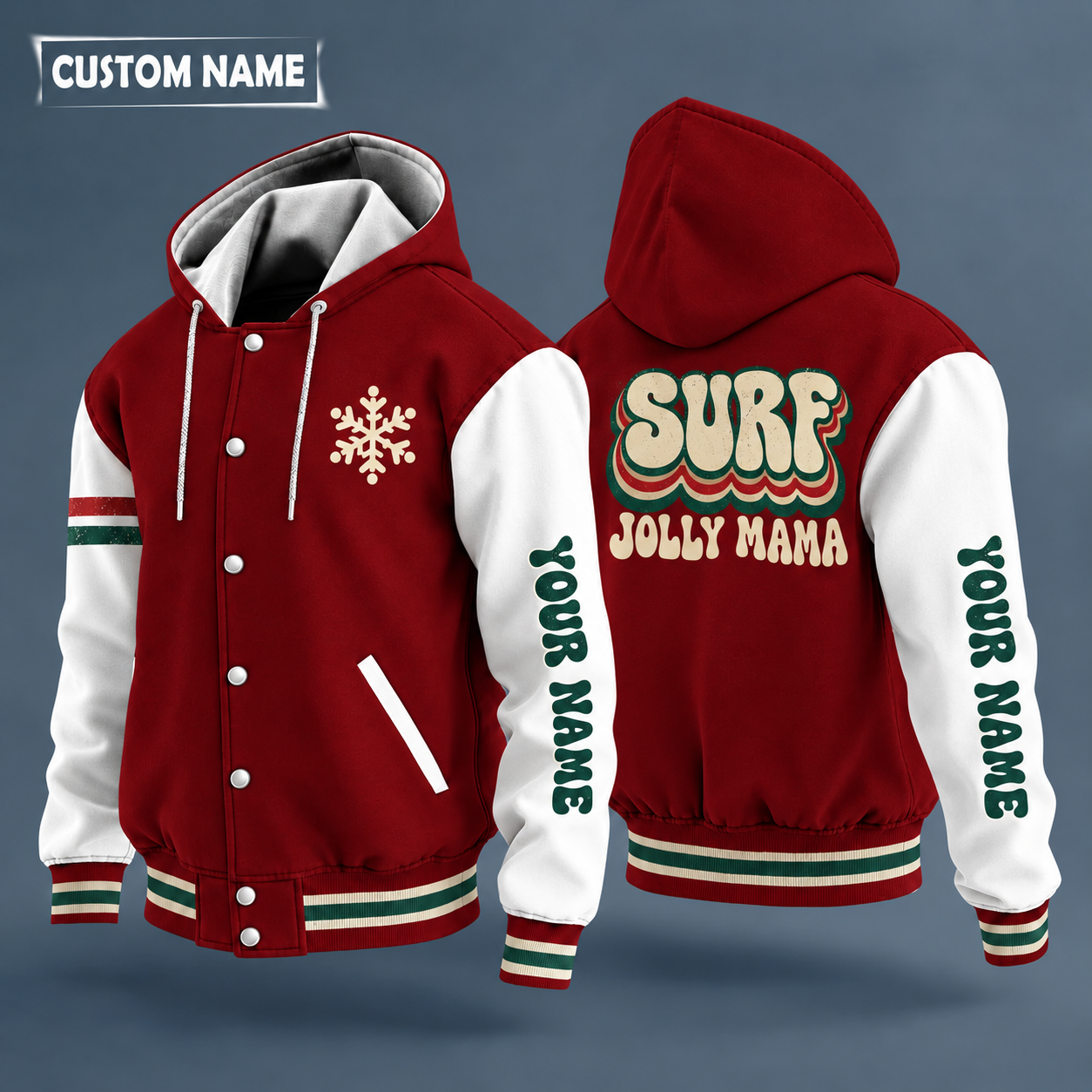 Hooded letterman jacket with white sleeves, snowflake and surfboard on the back, "SURF" lettering and a custom name down one sleeve in a retro font