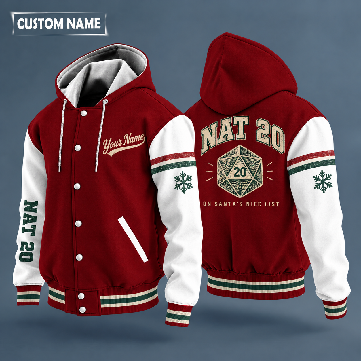 Hooded letterman jacket with white sleeves, snowflake and d20 dice on the back, "NAT 20" lettering and a custom name in script on the chest