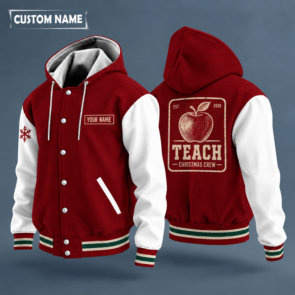 Hooded letterman jacket with white sleeves, snowflake and apple on the back, "TEACH" lettering and a custom name on a work-shirt style name tag print on the chest