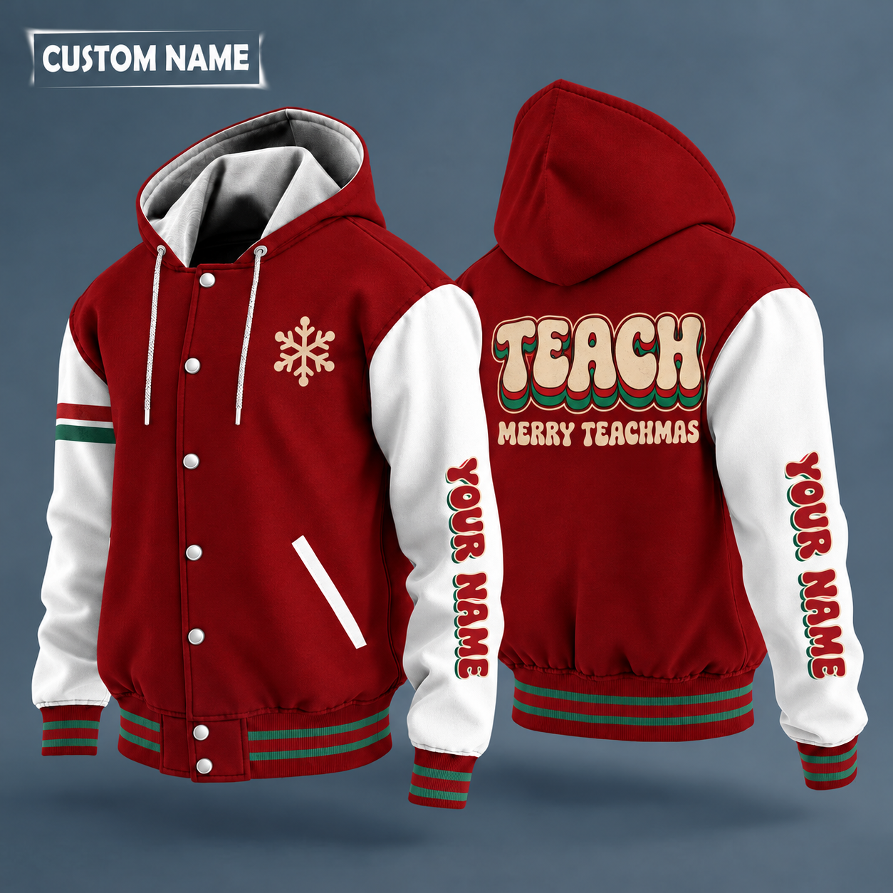 Hooded letterman jacket with white sleeves, snowflake and apple on the back, "TEACH" lettering and a custom name down one sleeve in a retro font