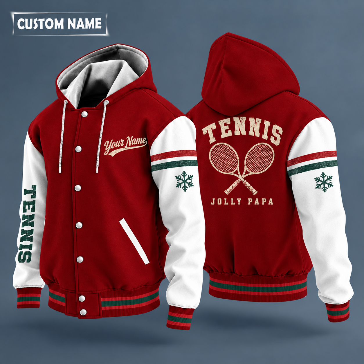 Hooded letterman jacket with white sleeves, snowflake and crossed rackets on the back, "TENNIS" lettering and a custom name in script on the chest
