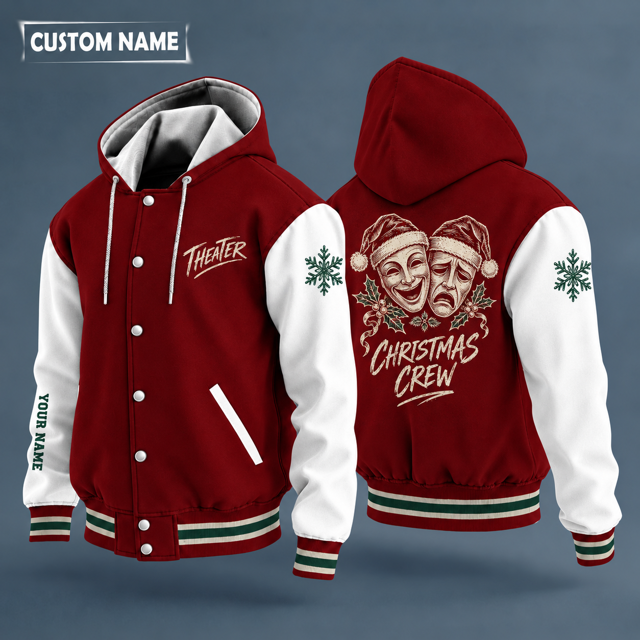 Hooded letterman jacket with white sleeves, snowflake and comedy tragedy masks on the back, "THEATER" lettering and a custom name down one sleeve