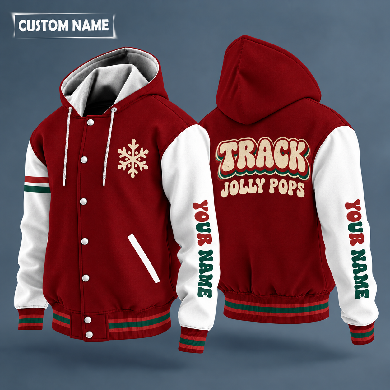 Hooded letterman jacket with white sleeves, snowflake and winged running shoe on the back, "TRACK" lettering and a custom name down one sleeve in a retro font