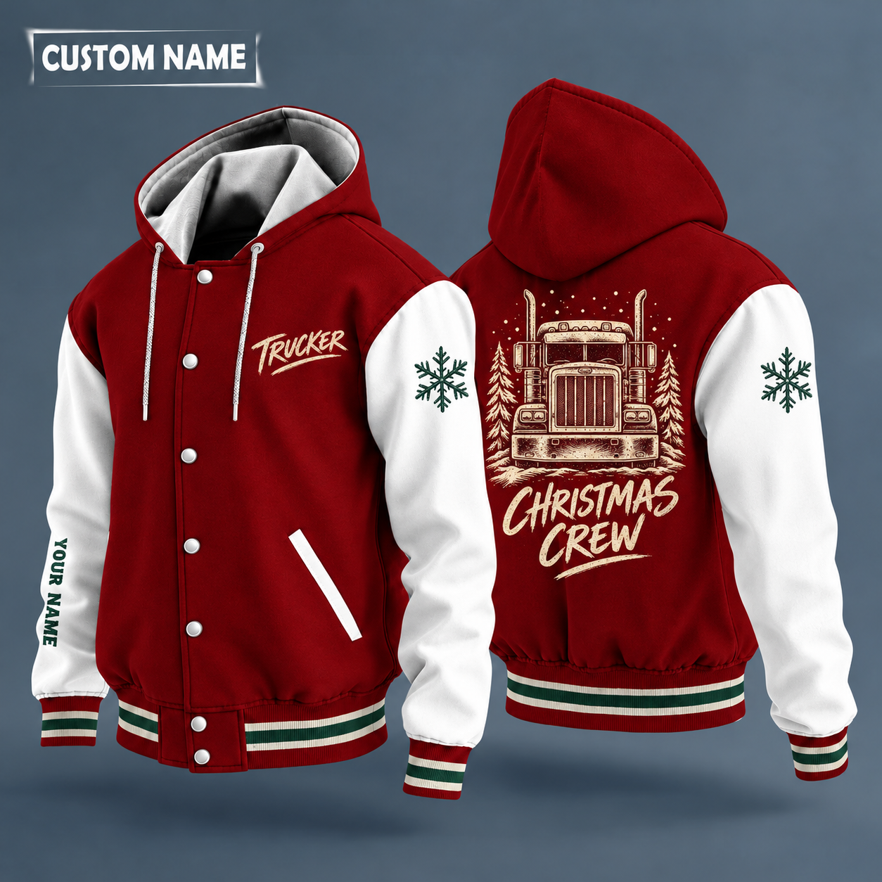 Hooded letterman jacket with white sleeves, snowflake and semi truck front with no brand badge on the back, "TRUCKER" lettering and a custom name down one sleeve