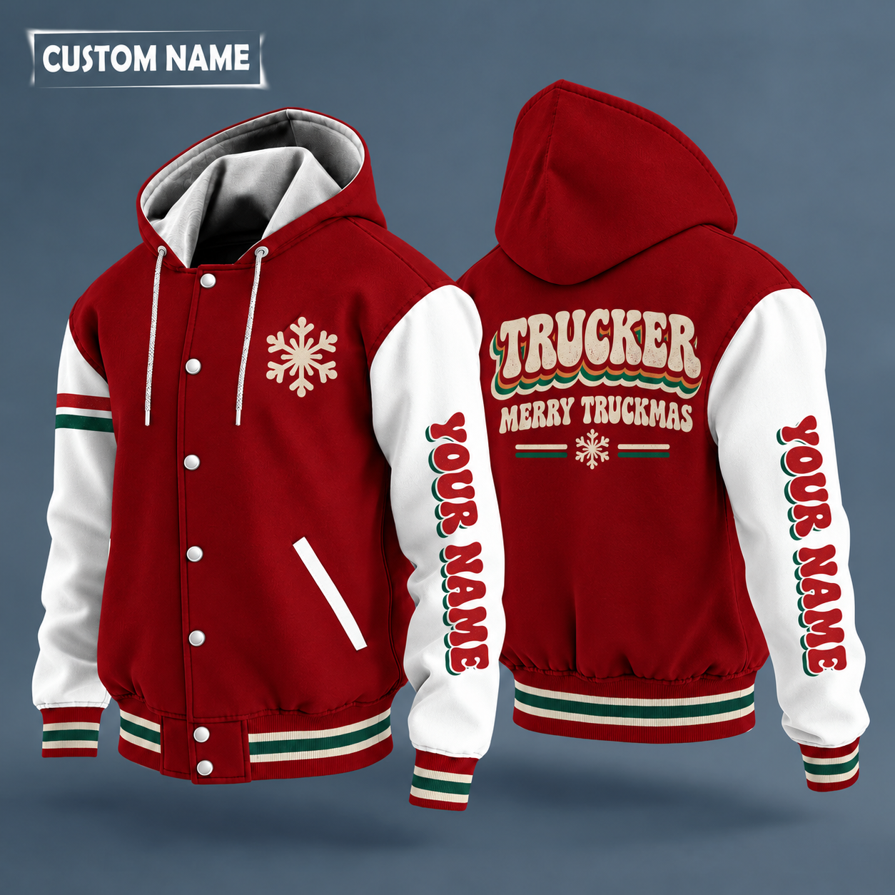 Hooded letterman jacket with white sleeves, snowflake and semi truck front with no brand badge on the back, "TRUCKER" lettering and a custom name down one sleeve in a retro font