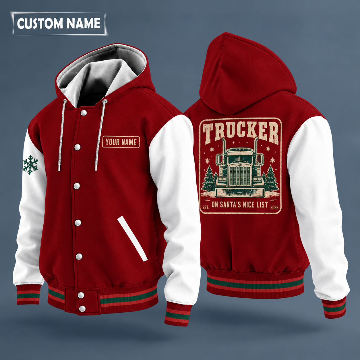 Hooded letterman jacket with white sleeves, snowflake and semi truck front with no brand badge on the back, "TRUCKER" lettering and a custom name on a work-shirt style name tag print on the chest