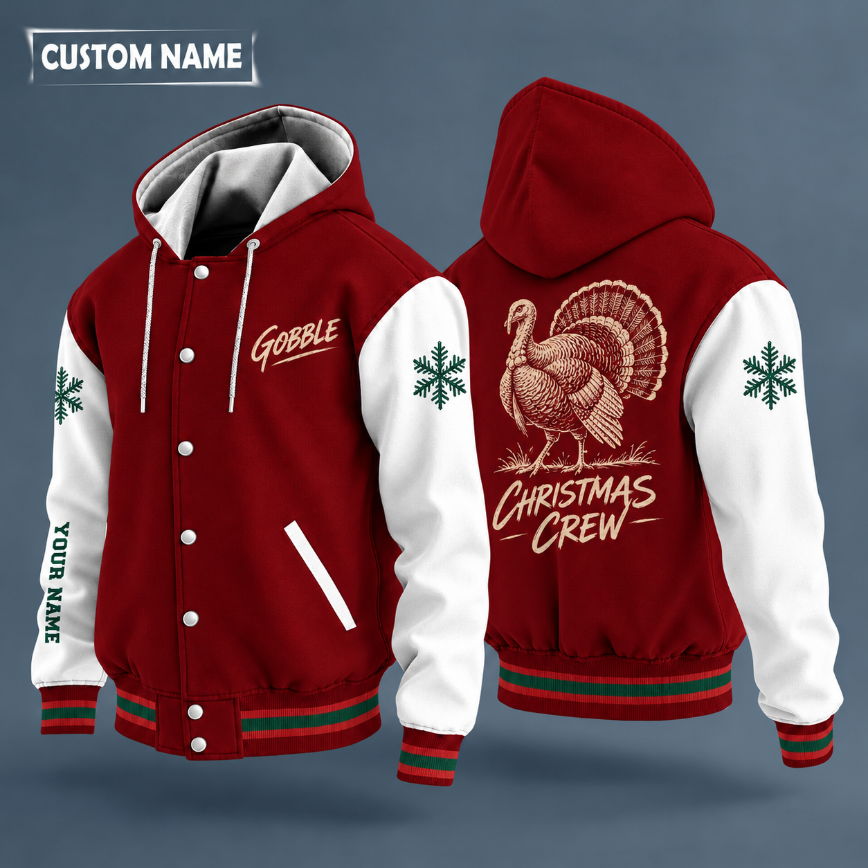 Hooded letterman jacket with white sleeves, snowflake and strutting turkey on the back, "GOBBLE" lettering and a custom name down one sleeve