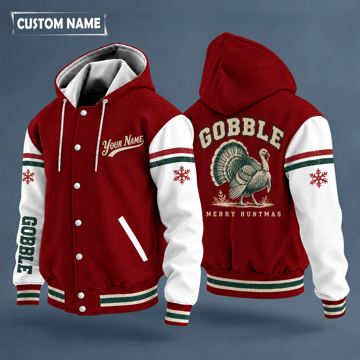 Hooded letterman jacket with white sleeves, snowflake and strutting turkey on the back, "GOBBLE" lettering and a custom name in script on the chest