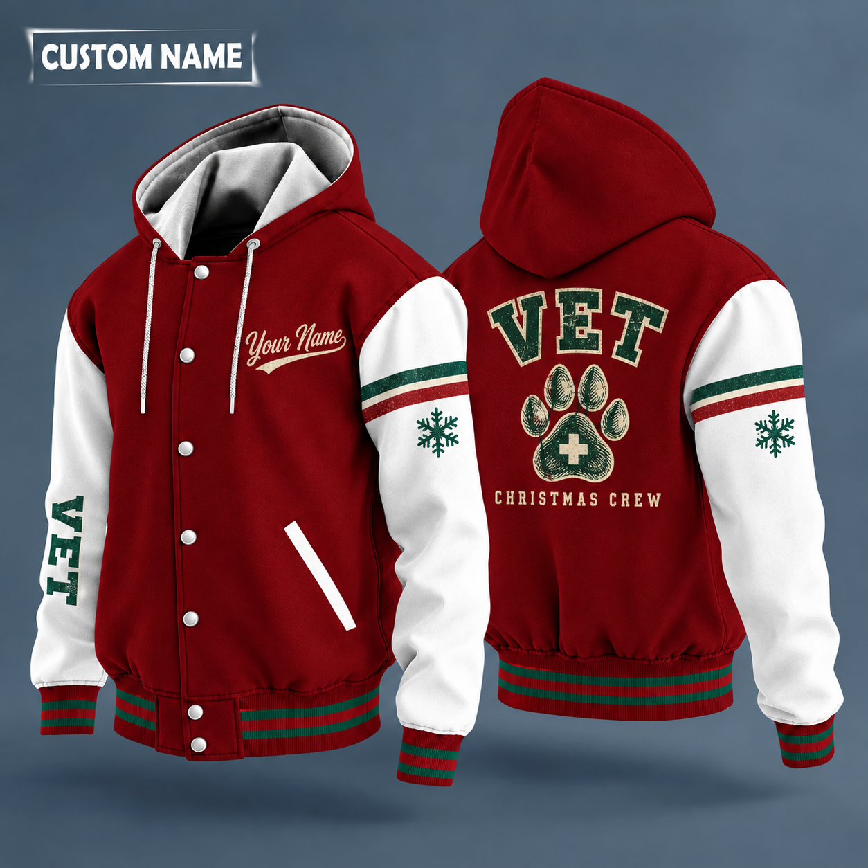 Hooded letterman jacket with white sleeves, snowflake and paw print with a small white plus sign (never red) on the back, "VET" lettering and a custom name in script on the chest