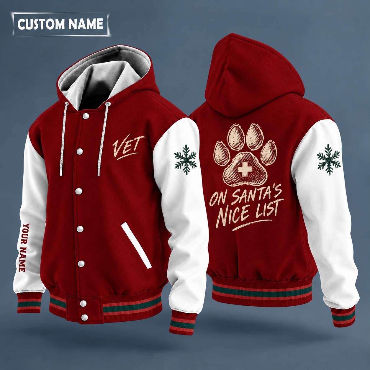 Hooded letterman jacket with white sleeves, snowflake and paw print with a small white plus sign (never red) on the back, "VET" lettering and a custom name down one sleeve