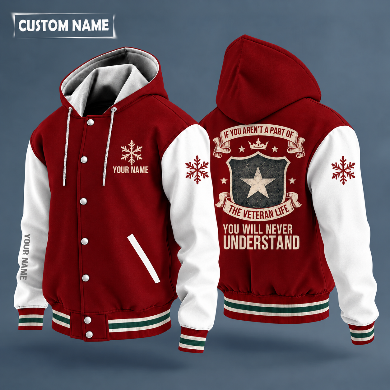 Hooded letterman jacket with white sleeves, snowflake and five-point star on the back, "VETERAN" lettering and a custom name on the chest under a small icon