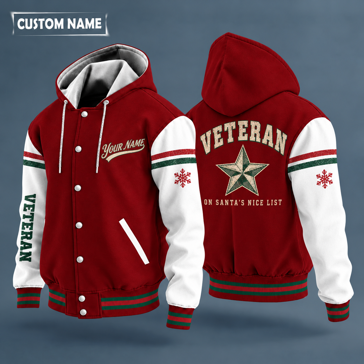 Hooded letterman jacket with white sleeves, snowflake and five-point star on the back, "VETERAN" lettering and a custom name in script on the chest