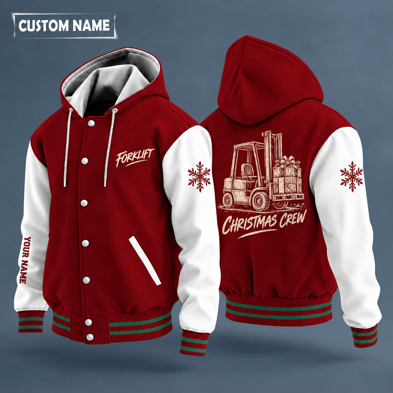 Hooded letterman jacket with white sleeves, snowflake and forklift on the back, "FORKLIFT" lettering and a custom name down one sleeve