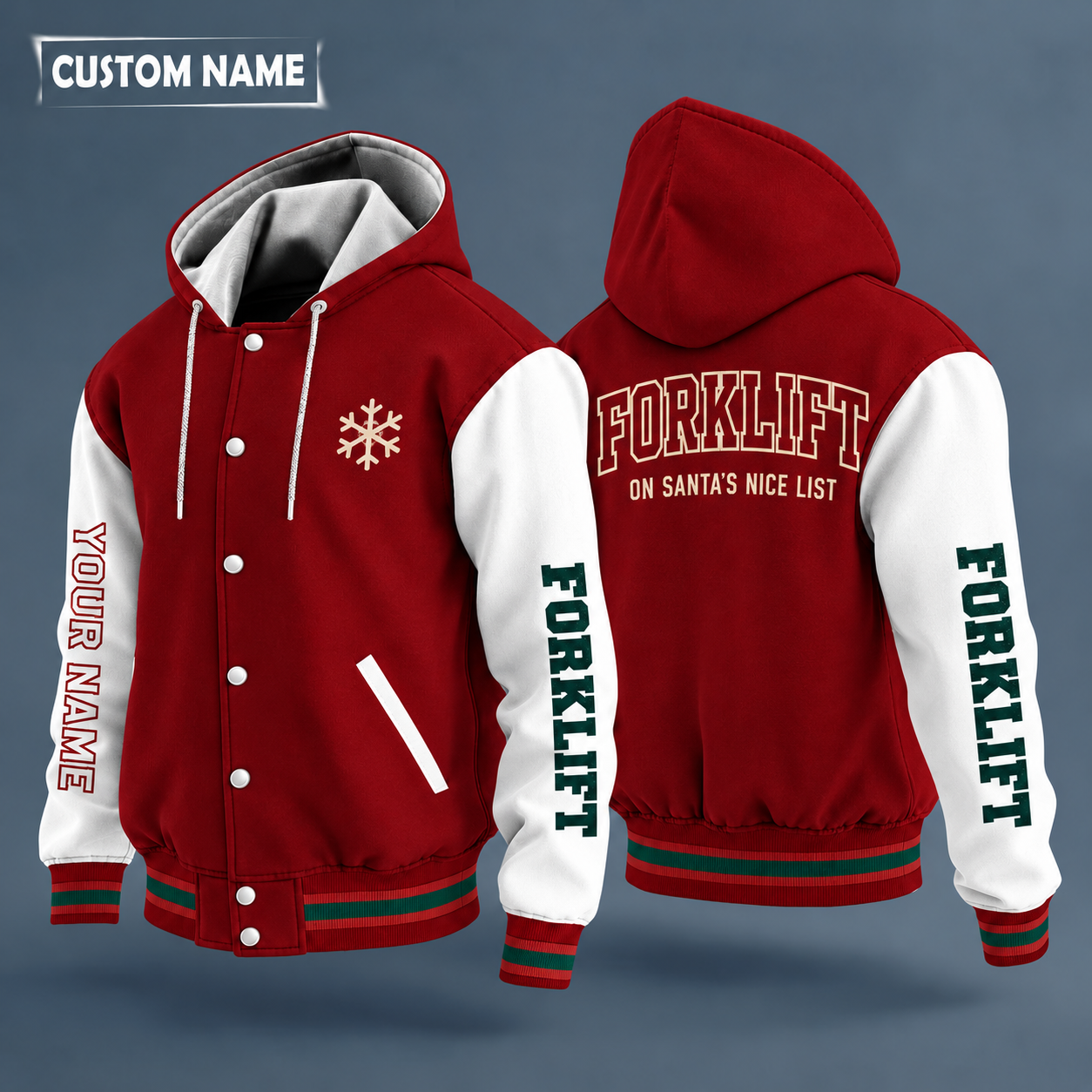 Hooded letterman jacket with white sleeves, snowflake and forklift on the back, "FORKLIFT" lettering and a custom name down one sleeve in outlined capitals