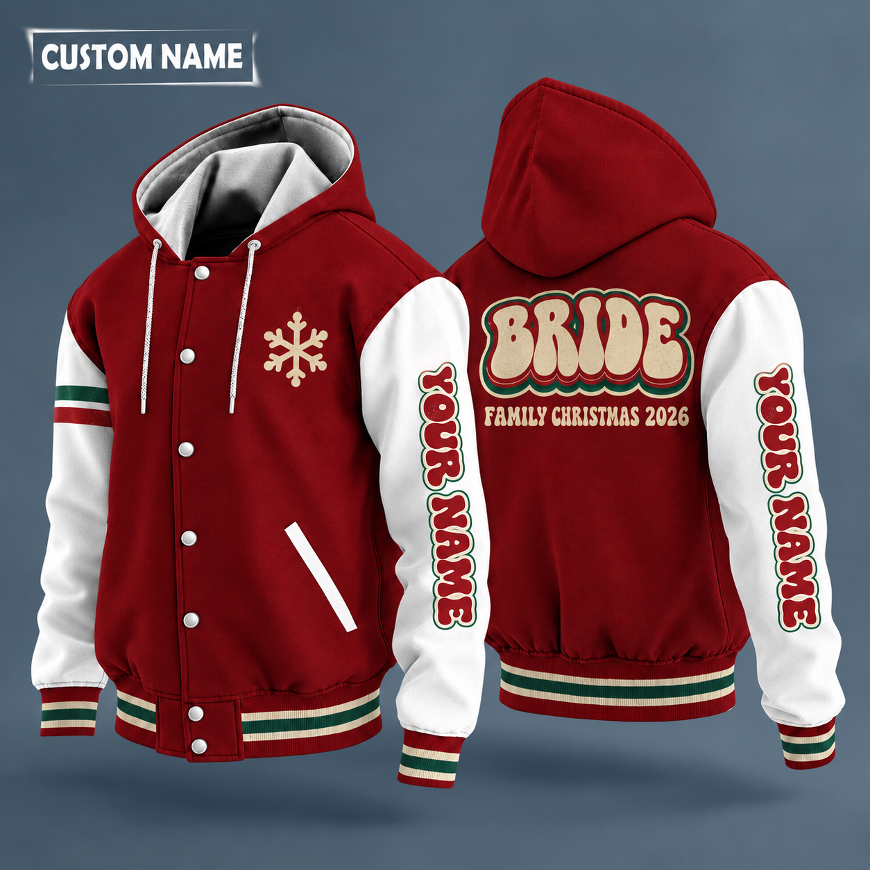 Hooded letterman jacket with white sleeves, snowflake and diamond ring on the back, "BRIDE" lettering and a custom name down one sleeve in a retro font