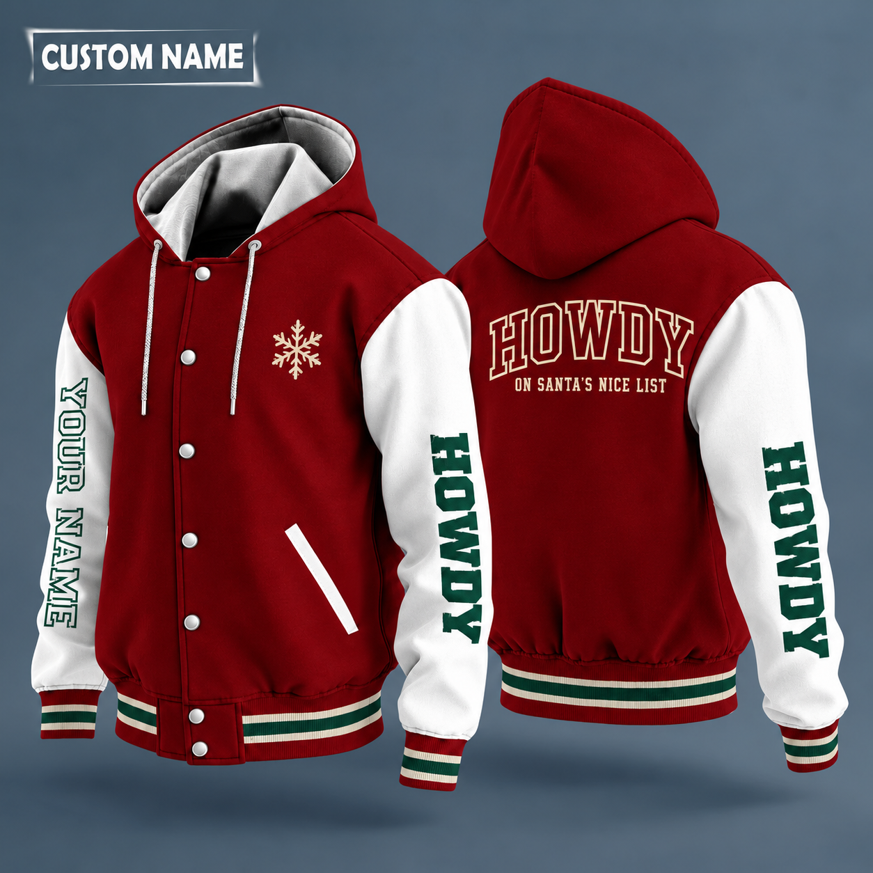 Hooded letterman jacket with white sleeves, snowflake and cowboy hat on the back, "HOWDY" lettering and a custom name down one sleeve in outlined capitals