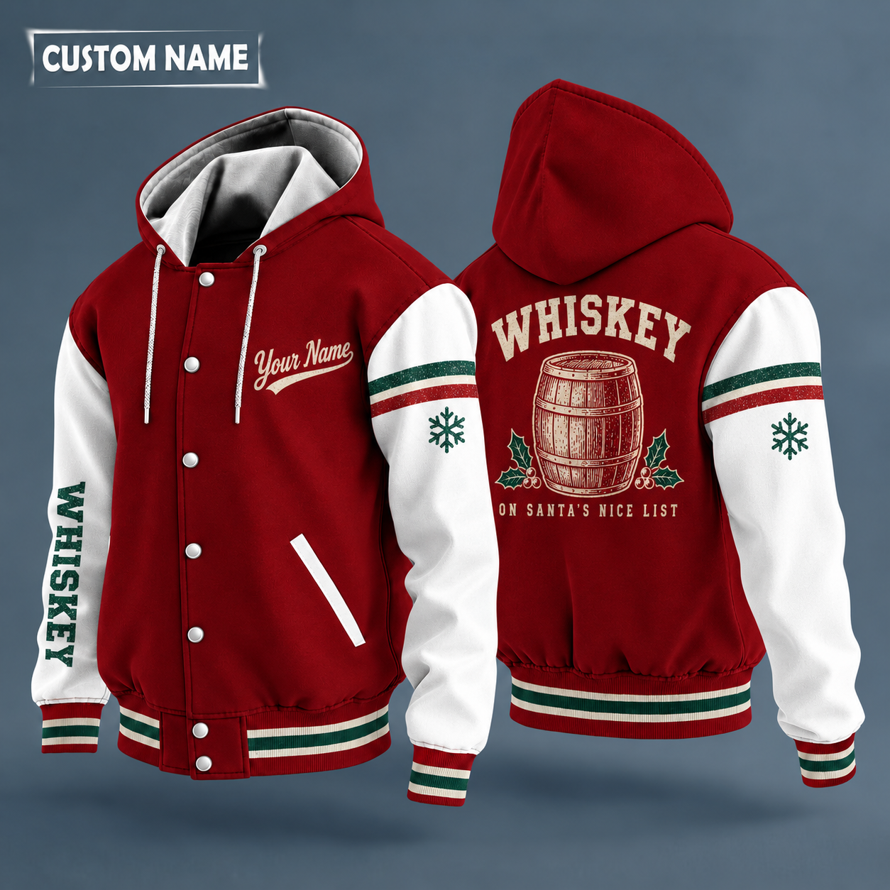 Hooded letterman jacket with white sleeves, snowflake and barrel on the back, "WHISKEY" lettering and a custom name in script on the chest
