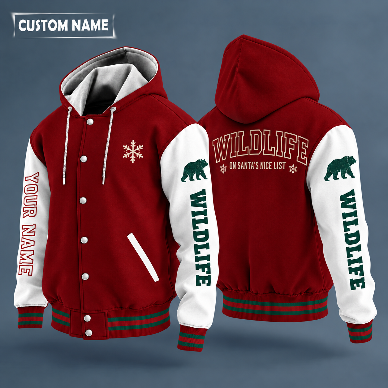 Hooded letterman jacket with white sleeves, snowflake and bear on the back, "WILDLIFE" lettering and a custom name down one sleeve in outlined capitals