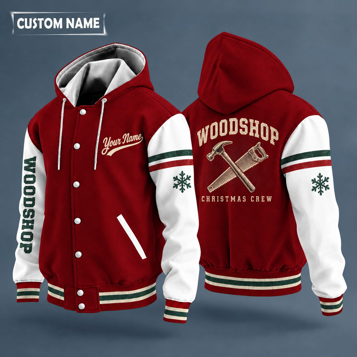 Hooded letterman jacket with white sleeves, snowflake and crossed hammer and saw on the back, "WOODSHOP" lettering and a custom name in script on the chest