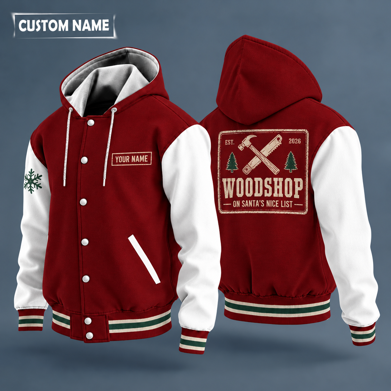 Hooded letterman jacket with white sleeves, snowflake and crossed hammer and saw on the back, "WOODSHOP" lettering and a custom name on a work-shirt style name tag print on the chest