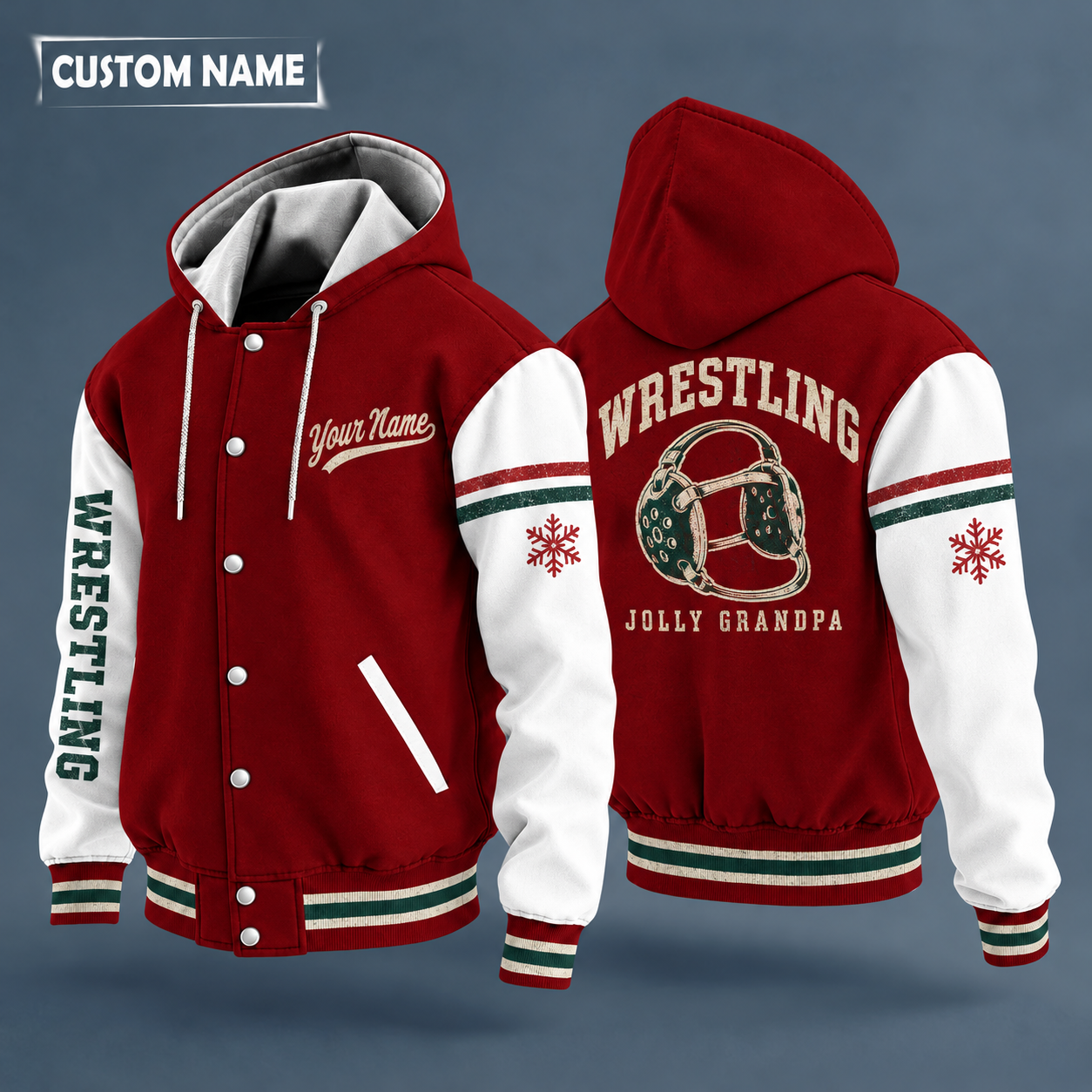 Hooded letterman jacket with white sleeves, snowflake and wrestling headgear on the back, "WRESTLING" lettering and a custom name in script on the chest