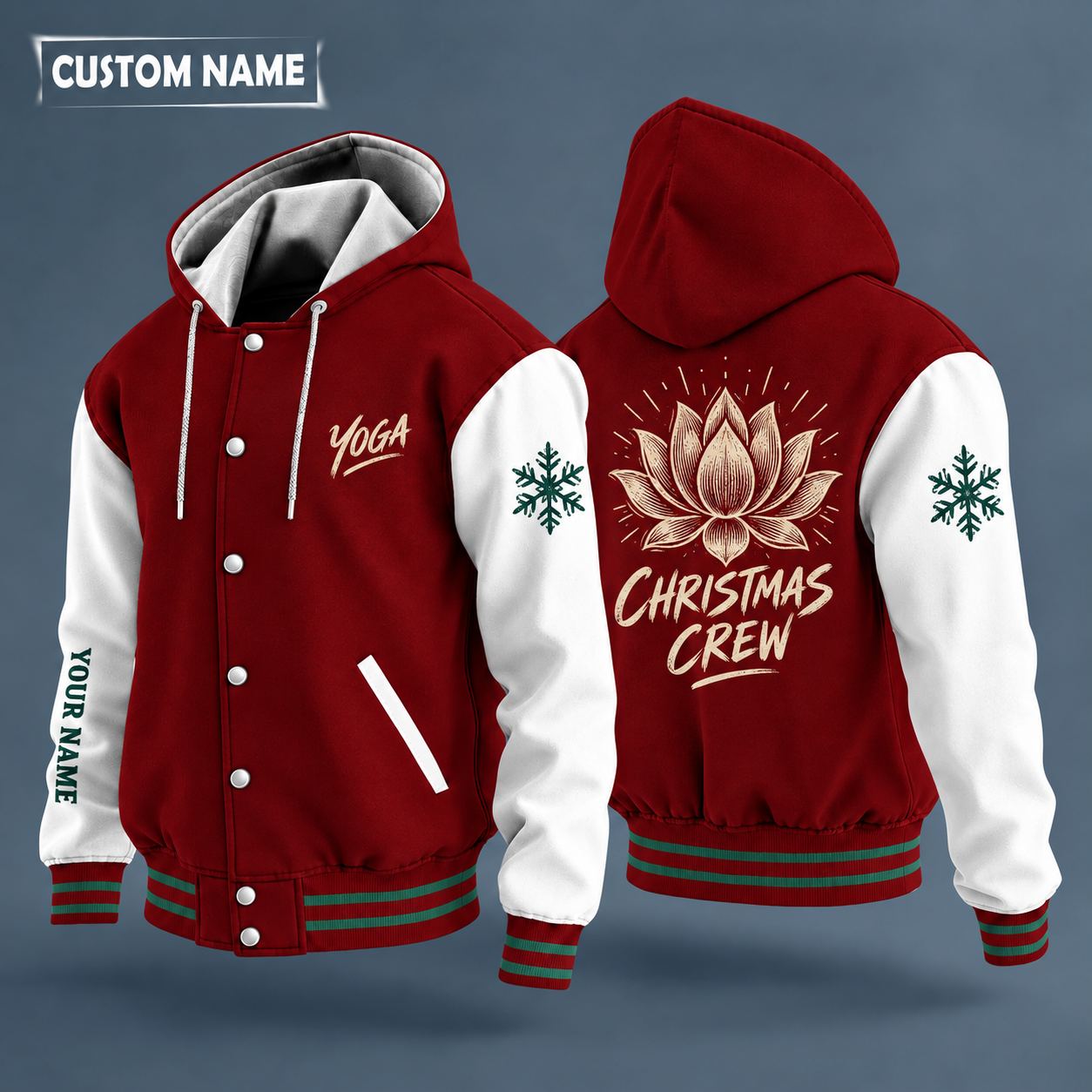 Hooded letterman jacket with white sleeves, snowflake and lotus on the back, "YOGA" lettering and a custom name down one sleeve
