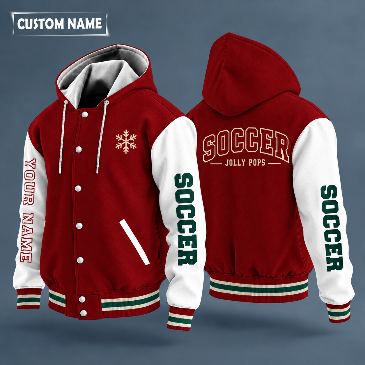 Hooded letterman jacket with white sleeves, snowflake and soccer ball on the back, "SOCCER" lettering and a custom name down one sleeve in outlined capitals