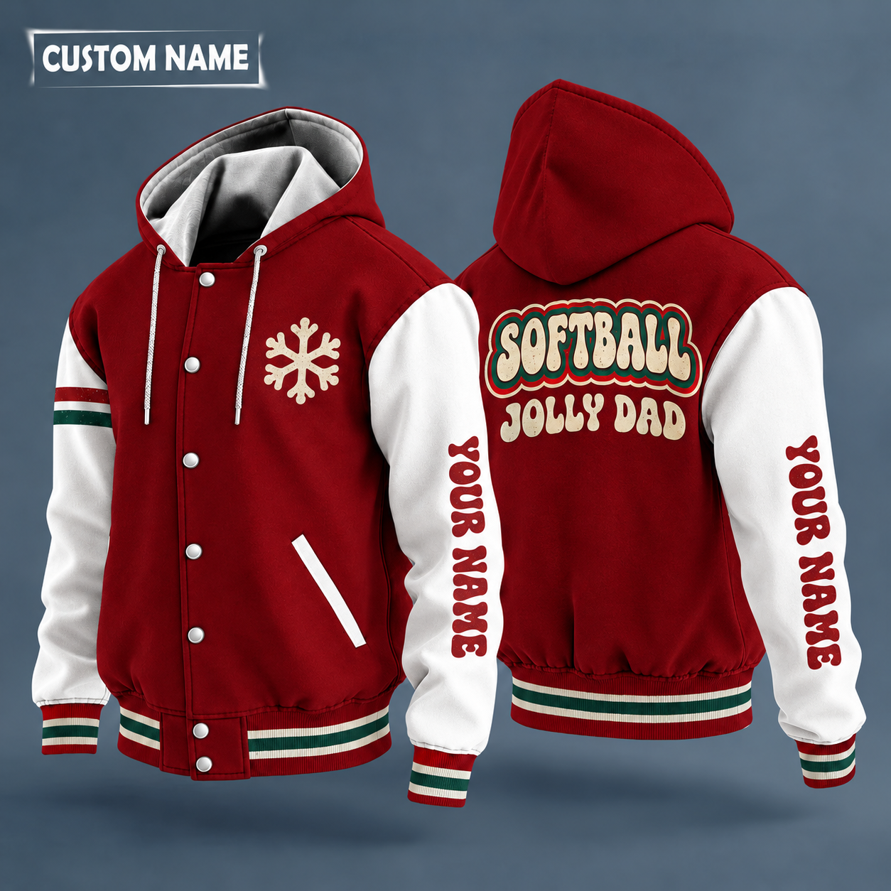 Hooded letterman jacket with white sleeves, snowflake and yellow softball with red stitches on the back, "SOFTBALL" lettering and a custom name down one sleeve in a retro font