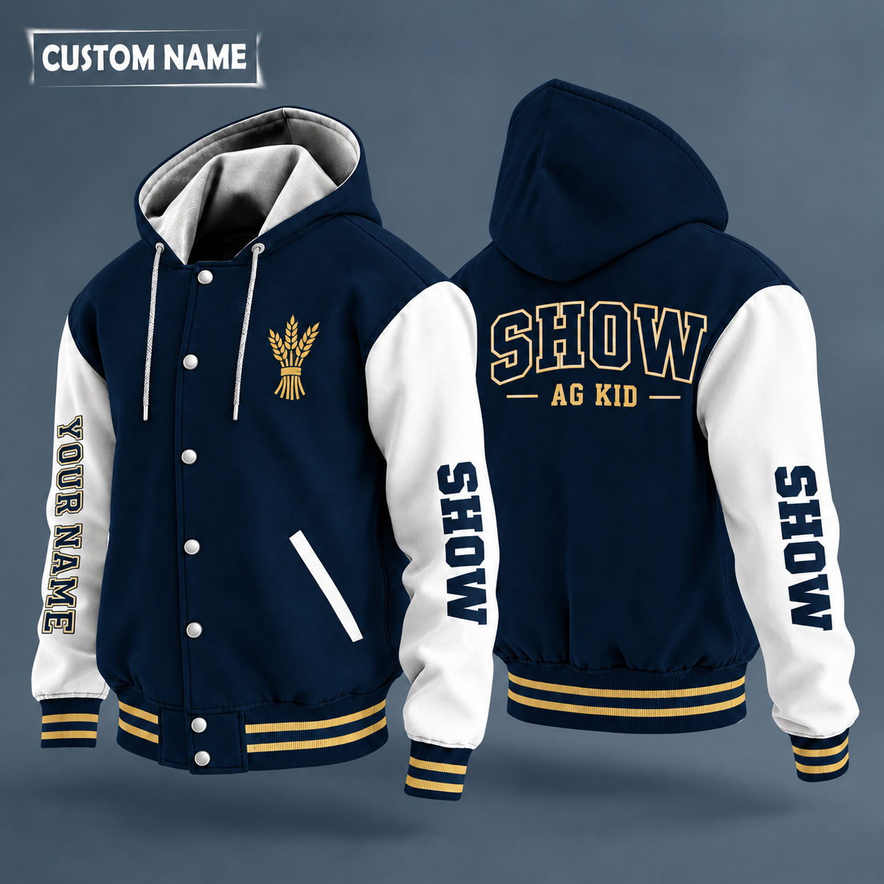 Hooded letterman jacket with white sleeves, show steer head on the back, "SHOW" lettering and a custom name down one sleeve in outlined capitals