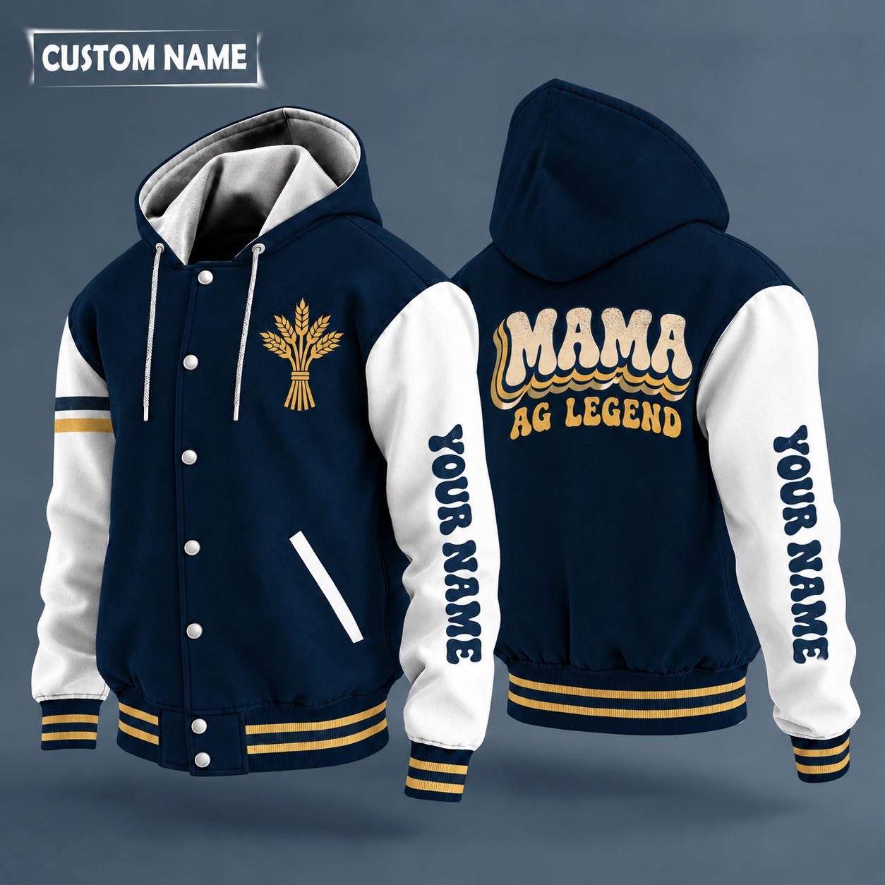 Hooded letterman jacket with white sleeves, show steer head on the back, "MAMA" lettering and a custom name down one sleeve in a retro font