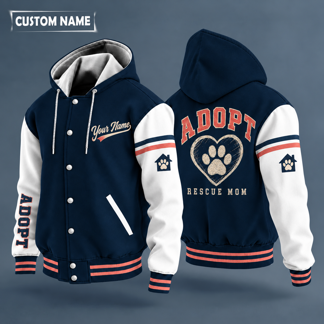 Hooded letterman jacket with white sleeves, paw print in a heart on the back, "ADOPT" lettering and a custom name in script on the chest
