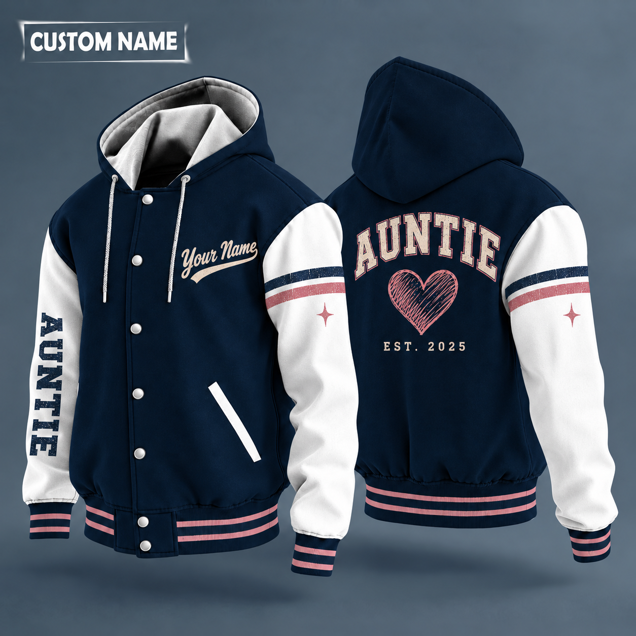 Hooded letterman jacket with white sleeves, heart on the back, "AUNTIE" lettering and a custom name in script on the chest
